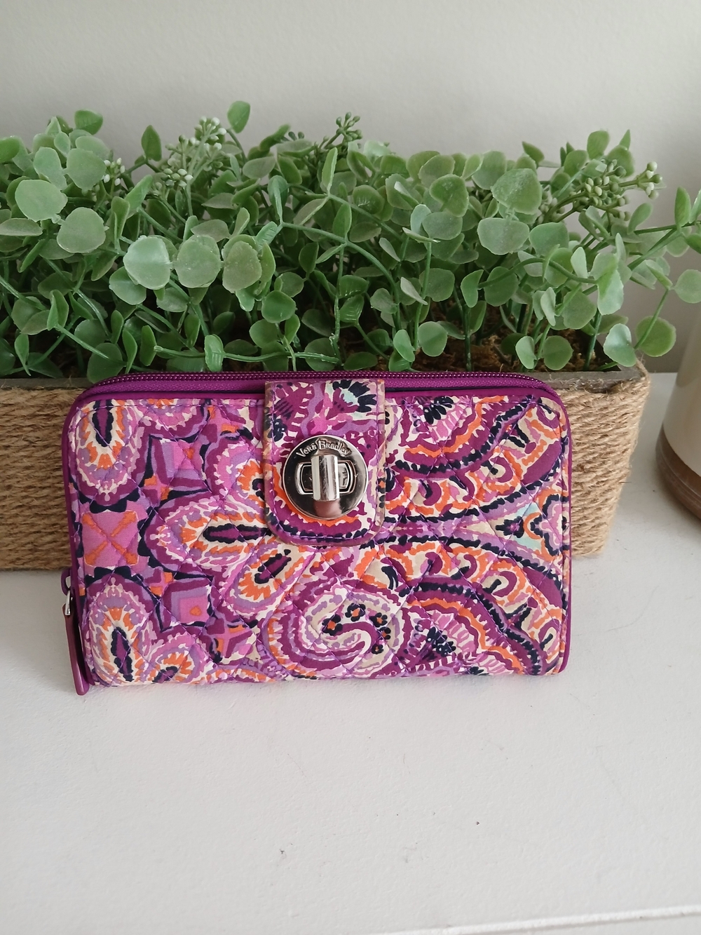 Vera Bradley Purple Multi Floral Quilted Zip Wallet with Silver Turn-Lock